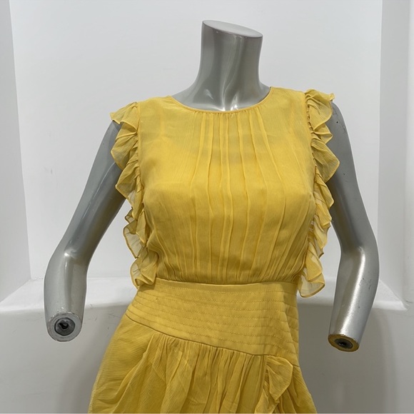 BCBGMAXAZRIA Bamboo Ruffles Silk Dress Yellow Runway Size 0 - Picture 10 of 15